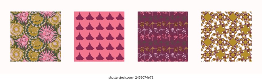 Retro botanical vector pattern collection in elegant style. Luxury print textur for beautiful feminine seamless wallpaper decor. Multicolor 70s set leaf design. 