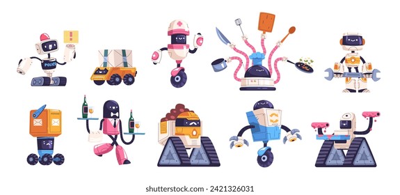 Retro bots. Futuristic robot work characters, internet game toy transformer bot for cooking or mail robotic technology, computer friendly machine, vector illustration of robot character futuristic