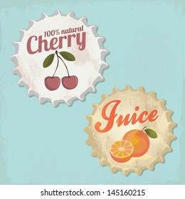 Retro Bottle Cap Design With Orange And Cherry Drawings - Vintage Style