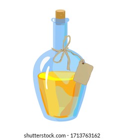 Retro bottle with yellow liquid and twine and blank label, Vector color illustration. Bottle of oil or ether.