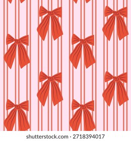 Padrão quadrado sem emenda de faixa de arco retrô. Coquette Valentine e fita de casamento para embrulho de presente, papelaria, embalagem, projetos de decoração feminina. Ilustração vetorial com linhas verticais e arcos divertidos.