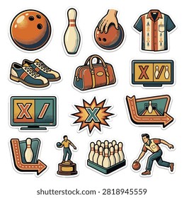 Retro bowling stickers and sport emblems.