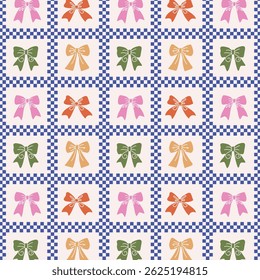 Retro - arcos en cuadros, fondo sin fisuras con cintas y arcos dibujados a mano. Vector.