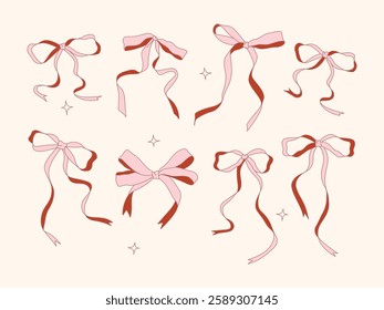 Retro bows in pink and red shades on a light background. Elegant and feminine style with long ribbons and decorative elements, perfect for design, packaging, and wedding projects.