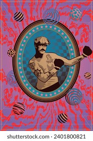 Retro Boxer with Mustache, Cap, Tattoos and Old Boxing Gloves, Abstract Shapes, Psychedelic Colors Background