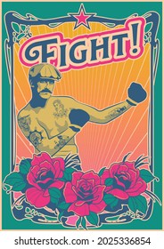 Retro Boxer and Roses, Psychedelic Art style Poster 