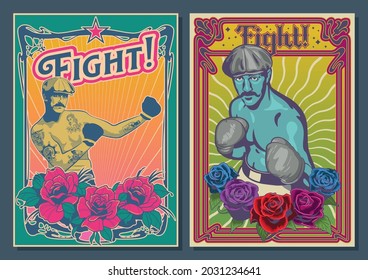 Boxeadores retro y roses marcos de estilo Art Nouveau, afiches de color psicodélicos