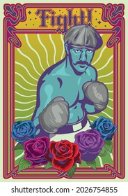 Retro Boxing Poster, Mann, Boxhandschuhe, Rosen, Jugendstil-Rahmen 