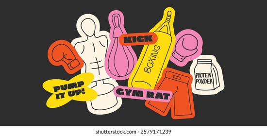 Retro boxing sport stickers. Trendy labels in a minimalist style in bright colors. Set of doodle cartoon vector patches in 90s style. Protein, boxing glove, punching dummy