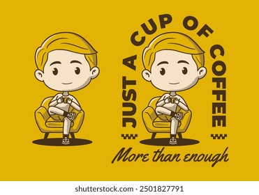 Retro boy character sitting on the sofa and drinking coffee illustration