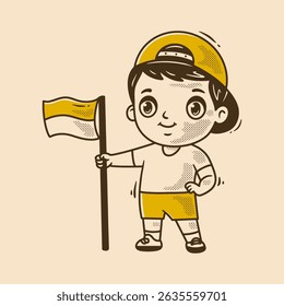 Menino retrô mascote personagem usando um chapéu segurando uma pequena bandeira