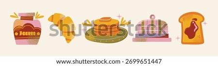 Retro Breakfast Food Set: Jam Jar, Croissant, Pancakes, Cake, Toast with Jam. Groovy 70s Flat Vector Illustration. Flat vector illustration kitchen utensils. Food and morning meal concept