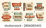 Retro breakfast motel signs sticker set with vintage roadside motel signboards, breakfast labels, pancake inn signs and motel direction arrows. Vector illustration in mid century 1950s style