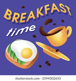 Retro Breakfast Poster – Coffee Splash and Egg Toast, illustration featuring a steaming coffee cup, a dynamic coffee splash, coffee beans, and a delicious egg sandwich on toast