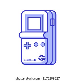 Retro brick game electronic console. Classical intellectual vintage toy. Portable arcade handheld gaming from 90s. Old school gamepad icon or logotype in line art.