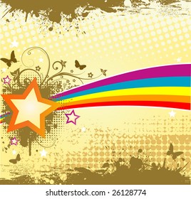 Retro bright background with star, rainbow and butterflies