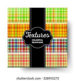 Retro bright Checkered seamless texture. Scottish vector pattern set. Plaid fabric background. Unusual ornament tartan collection.