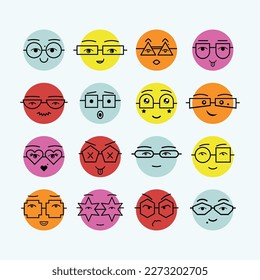 Retro bright colors cute emoticons faces with assorted geometrical shapes eyeglasses icons set on light blue background