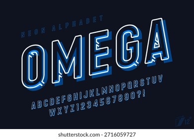 Diseño de alfabeto de luz brillante retro, cabaret, lámparas de neón de Broadway, letras y números. Diseño original