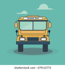 Retro bright, modern yellow school bus for children, pupils and students between house and school, educational institution. Flat vector cartoon illustration. Objects isolated on a white background.