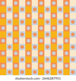 Retro bright yellow, orange, blue, and beige plaid seamless pattern design vector