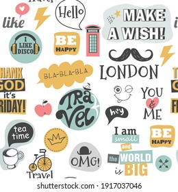 retro  british  design with funny stickers and different expressions for wallpaper, textile, print, cover