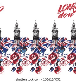Retro british seamless border and frame pattern with Big Ben with roses and flag. Vintage London grunge illustration in watercolor style on white background.