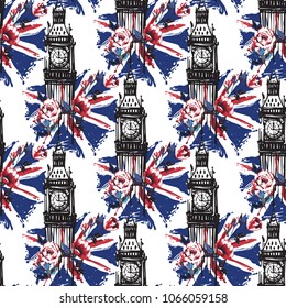 Retro british seamless pattern with Big Ben with roses and flag. Vintage London grunge illustration in watercolor style on white background.