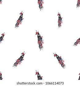 Retro british seamless pattern with Big Ben and roses. Vintage London grunge illustration in watercolor style on white background.
