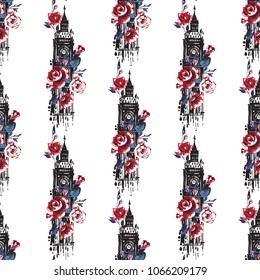 Retro british seamless pattern with Big Ben and roses. Vintage London grunge illustration in watercolor style on white background.