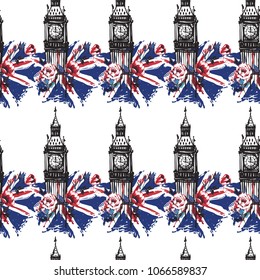 Retro british seamless pattern with Big Ben with roses and flag. Vintage London grunge illustration in watercolor style on white background.