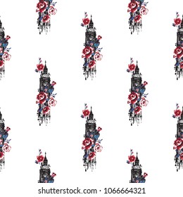 Retro british seamless pattern with Big Ben and roses. Vintage London grunge illustration in watercolor style on white background.