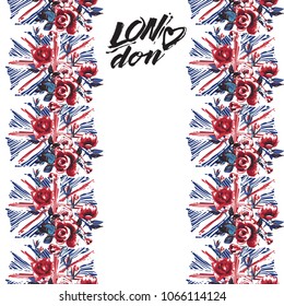 Retro british seamless pattern with england flag with roses and London heart logo. Vintage London grunge illustration in watercolor style on white background.