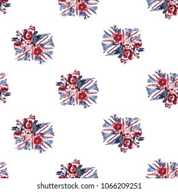 Retro british seamless pattern with england flag with roses. Vintage London grunge illustration in watercolor style on white background.