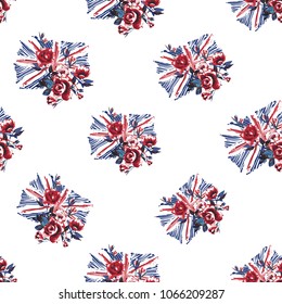 Retro british seamless pattern with england flag with roses. Vintage London grunge illustration in watercolor style on white background.