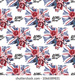 Retro british seamless pattern with england flag with roses and London heart logo. Vintage London grunge illustration in watercolor style on white background.