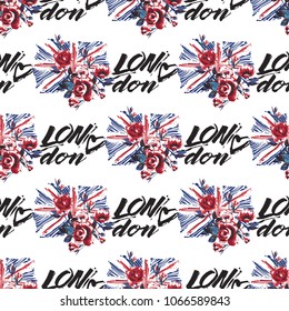 Retro british seamless pattern with england flag with roses and London heart logo. Vintage London grunge illustration in watercolor style on white background.