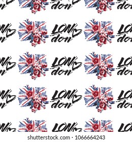 Retro british seamless pattern with england flag with roses and London heart logo. Vintage London grunge illustration in watercolor style on white background.