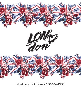 Retro british seamless pattern with england flag with roses and London heart logo. Vintage London grunge illustration in watercolor style on white background.