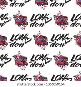 Retro british seamless pattern with London heart logo and london bus with flowers. Vintage london grunge illustration in watercolor style on white background.
