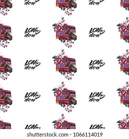 Retro british seamless pattern with London heart logo and london bus with flowers. Vintage london grunge illustration in watercolor style on white background.