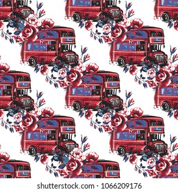Retro british seamless pattern with London bus with flowers. Vintage London grunge illustration in watercolor style on white background.