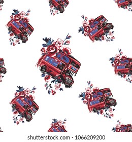 Retro british seamless pattern with London bus with flowers. Vintage London grunge illustration in watercolor style on white background.