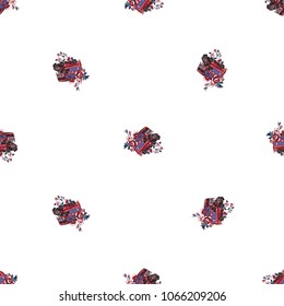Retro british seamless pattern with London bus with flowers. Vintage London grunge illustration in watercolor style on white background.