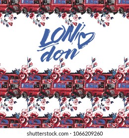 Retro british seamless pattern with London heart logo and london bus with flowers. Vintage london grunge illustration in watercolor style on white background.