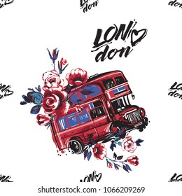 Retro british seamless pattern with London heart logo and london bus with flowers. Vintage london grunge illustration in watercolor style on white background.