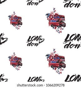 Retro british seamless pattern with London heart logo and london bus with flowers. Vintage london grunge illustration in watercolor style on white background.