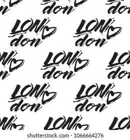 Retro british seamless pattern with London heart logo. Vintage London grunge illustration in watercolor style on white background.