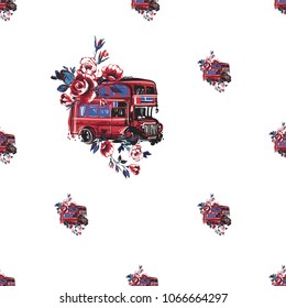 Retro british seamless pattern with London bus with flowers. Vintage London grunge illustration in watercolor style on white background.