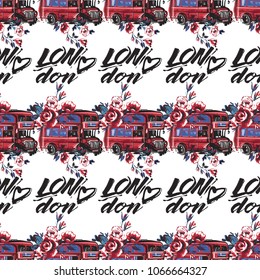 Retro british seamless pattern with London heart logo and london bus with flowers. Vintage london grunge illustration in watercolor style on white background.
